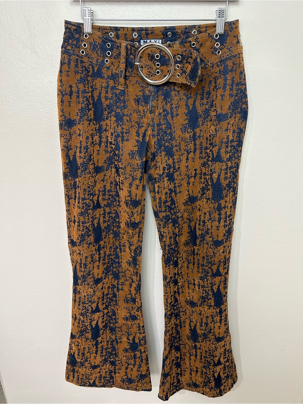 Y2K Maxi Women's Patterned Belted Flare Jeans Navy & Brown